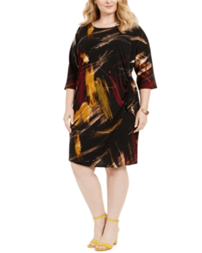 Front of a model wearing a size 2X Signature Women's Plus Printed Side Tie Sheath Dress Black Size 2X in Black by Signature. | dia_product_style_image_id:313579